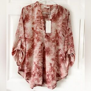 Lush Women's Tie-Dye Blouse - Pink Roll Tab Sleeves Sz L